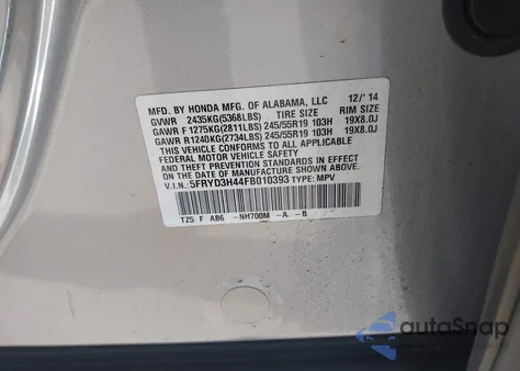 2015 Acura Mdx Technology Package from USA, damaged, VIN 5FRYD3H44FB010393